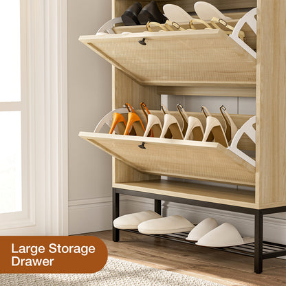 Rattan Shoe Cabinet with LED Light, 2 Flip Drawers & Open Shelves