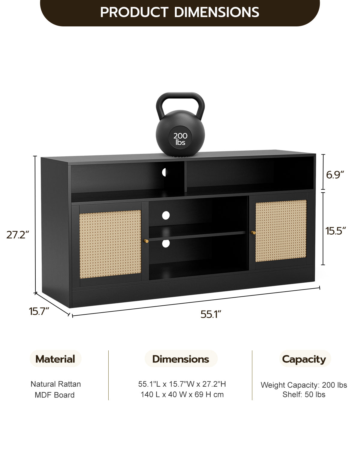 LED Rattan TV Stand for 65 Inch TV, Multifunctional Cabinet with 2 Natural Rattan Doors and LED Lights