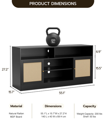 LED Rattan TV Stand for 65 Inch TV, Multifunctional Cabinet with 2 Natural Rattan Doors and LED Lights