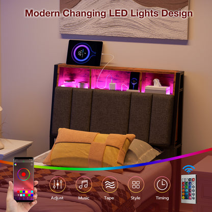 Headboard with Charging Station, LED Lights and Hidden Storage