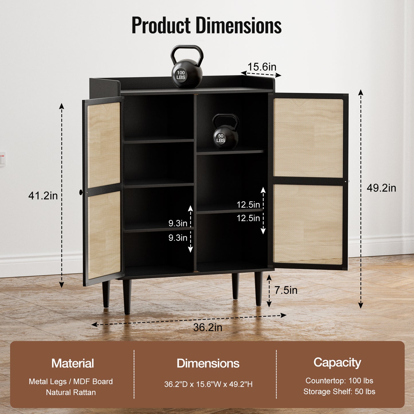Rattan Cabinet with Storage Adjustable Shelves,Buffet Sideboard Accent