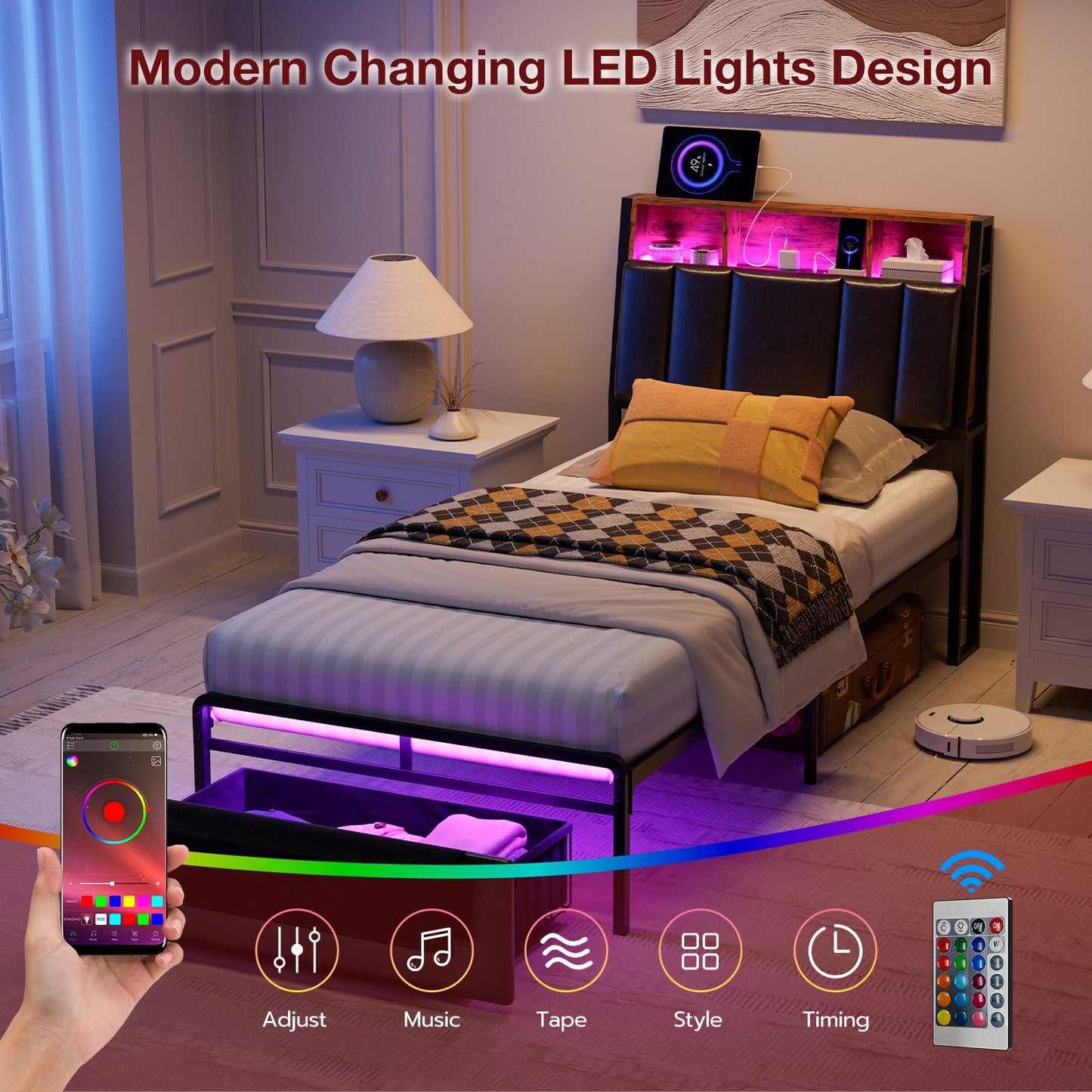 LED Bed Frames with Storage Drawers, Storage Upholstered headboard with Charging Station