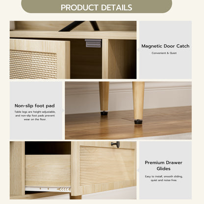 Rattan TV Stand 75 Inch TV with 2 Natural Rattan Drawers