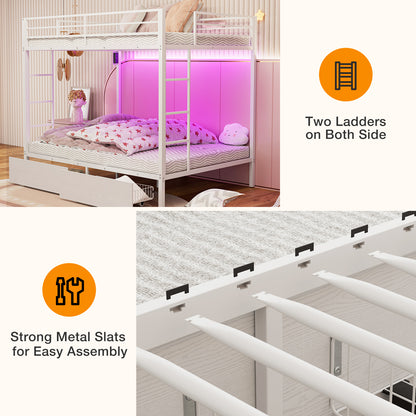 Bunk Beds with 2 Storage Drawers, Metal Full Size Bunk Bed with LED Lights and Charging Station, Safety Guardrail