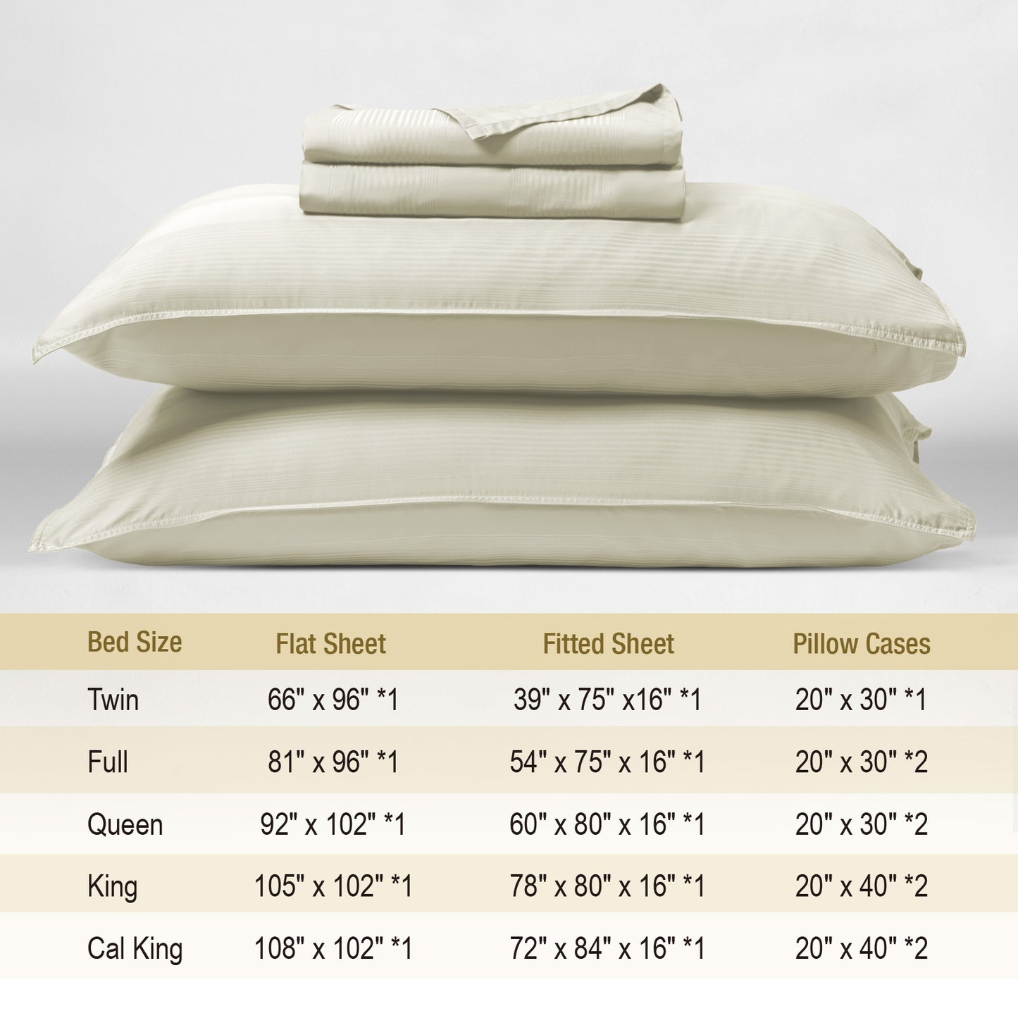 Bed Sheet Set-4 Piece 16” Deep Pocket, Striped Jacquard Ultra Soft Breathable Silky Bedding Sheets & Pillowcases-Beige