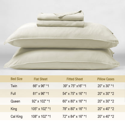 Bed Sheet Set-4 Piece 16” Deep Pocket, Striped Jacquard Ultra Soft Breathable Silky Bedding Sheets & Pillowcases-Beige