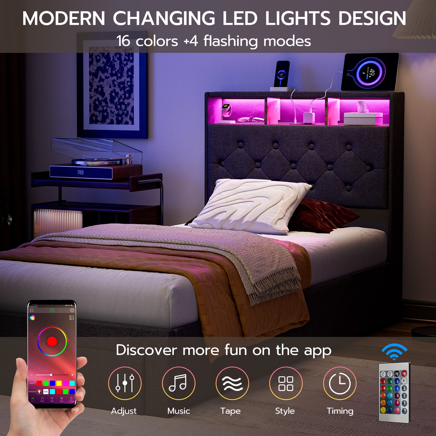 Twin XL Bed Frames with Hidden Storage Headboard & 3 Drawers & LED Lights & Charging Station