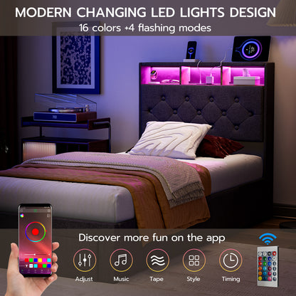 Twin XL Bed Frames with Hidden Storage Headboard & 3 Drawers & LED Lights & Charging Station