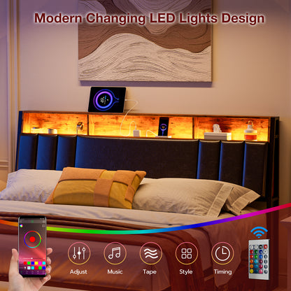 Headboard with Charging Station, LED Lights and Hidden Storage