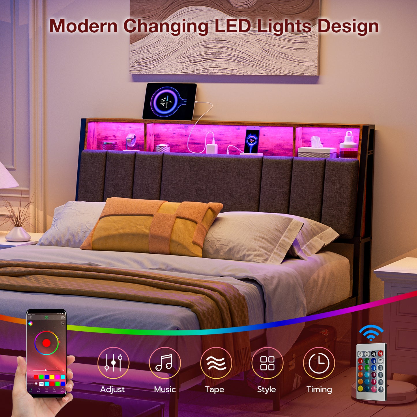 Headboard with Charging Station, LED Lights and Hidden Storage
