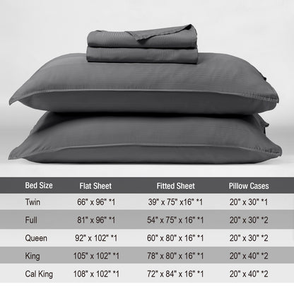 Bed Sheet Set-4 Piece 16” Deep Pocket, Striped Jacquard Ultra Soft Breathable Silky Bedding Sheets & Pillowcases-Grey