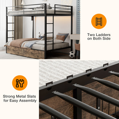 Bunk Beds with 2 Storage Drawers, Metal Full Size Bunk Bed with LED Lights and Charging Station, Safety Guardrail