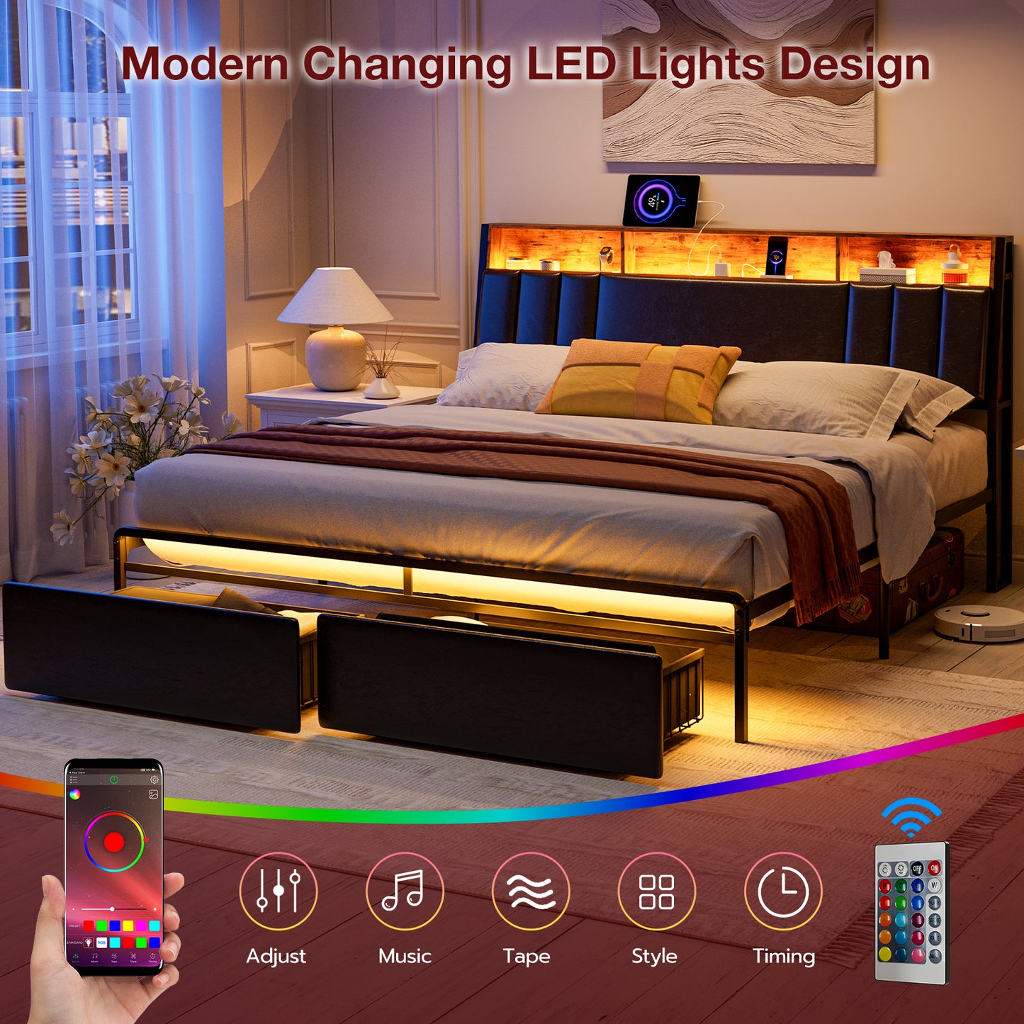 LED Bed Frames with Storage Drawers, Storage Upholstered headboard with Charging Station
