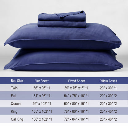 Bed Sheet Set-4 Piece 16” Deep Pocket, Striped Jacquard Ultra Soft Breathable Silky Bedding Sheets & Pillowcases-Dark Blue
