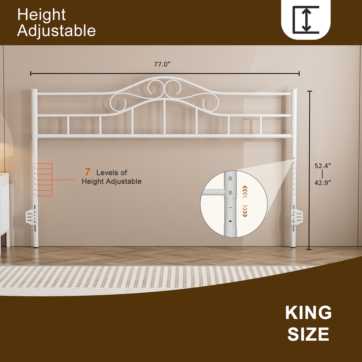 Metal Headboard, Adjustable Height, Heavy Duty Steel Curved Headboard