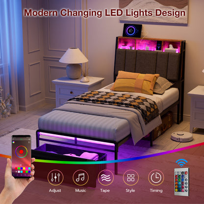 LED Bed Frames with Storage Drawers, Storage Upholstered headboard with Charging Station