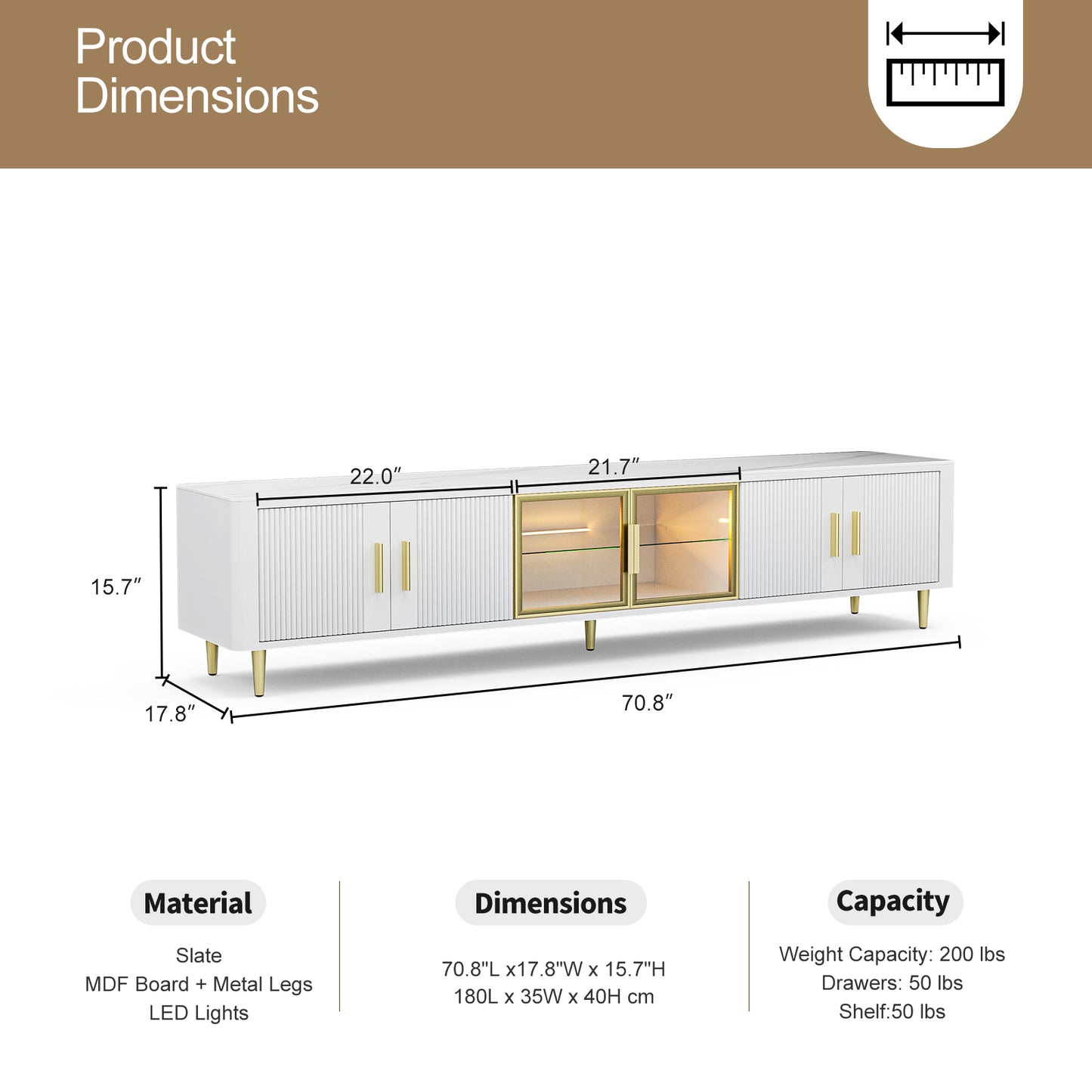Slate TV Stand for 85+ inch TV, LED Slate Entertainment Center with Glass Storage Cabinets