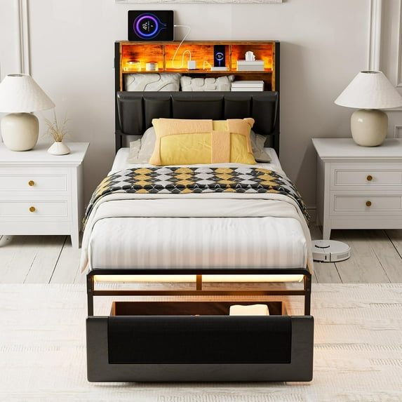ARICOEASY Twin XL Bed Frames with Hidden Storage Headboard, LED Lights, USB Charging Station, Dustproof Storage Drawer