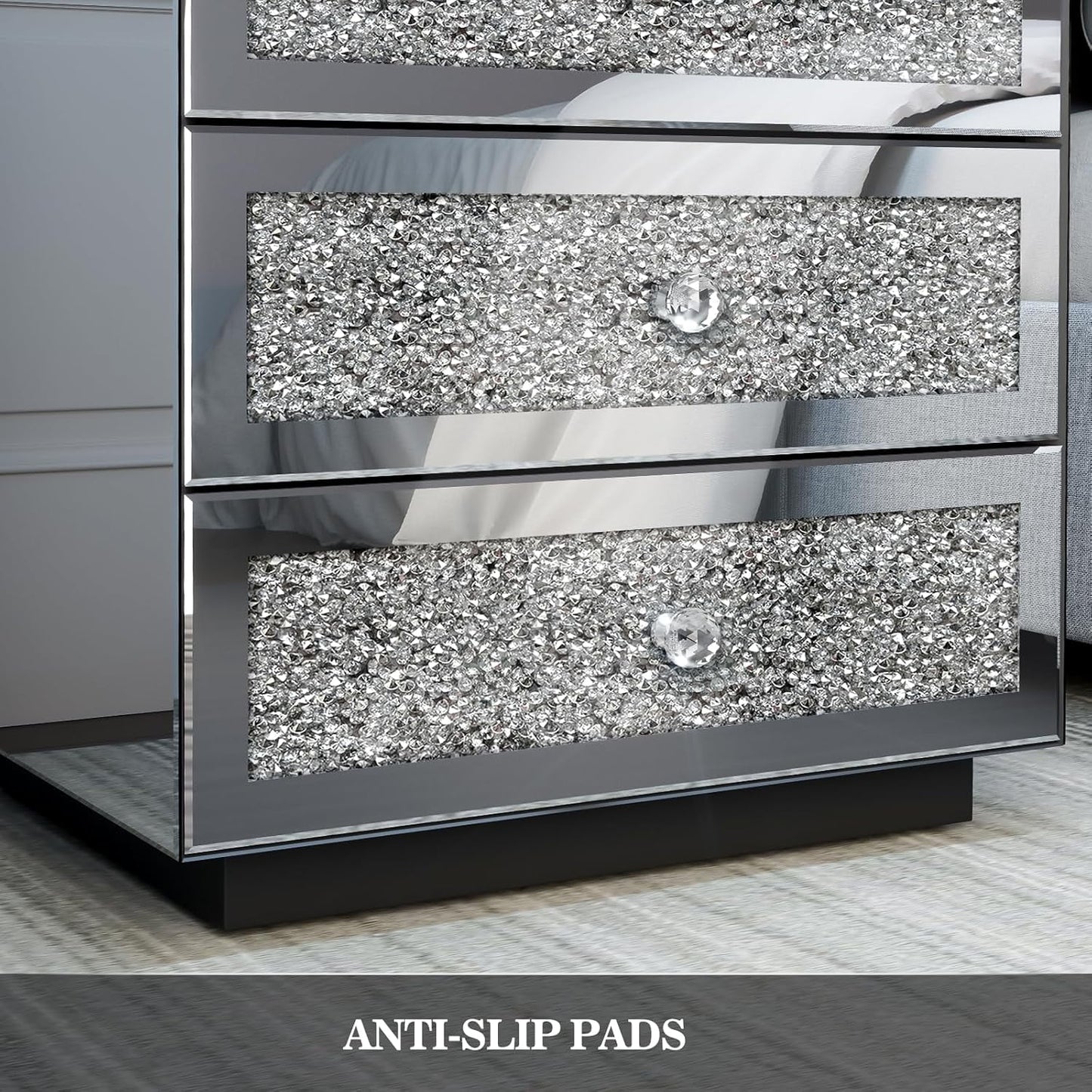 ARICOEASY Mirrored Nightstands with LED Lights & Charging Station, Silver Glam Bedroom Furniture Set, Fully Assembled