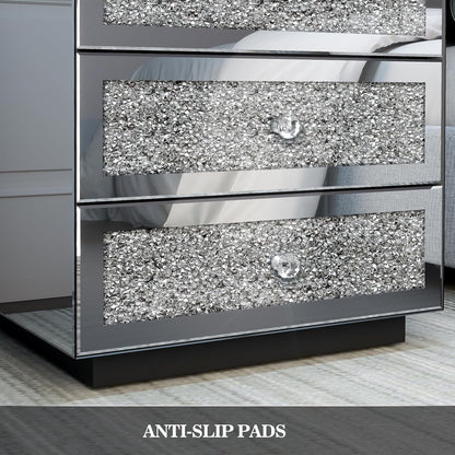 ARICOEASY Mirrored Nightstands with LED Lights & Charging Station, Silver Glam Bedroom Furniture Set, Fully Assembled