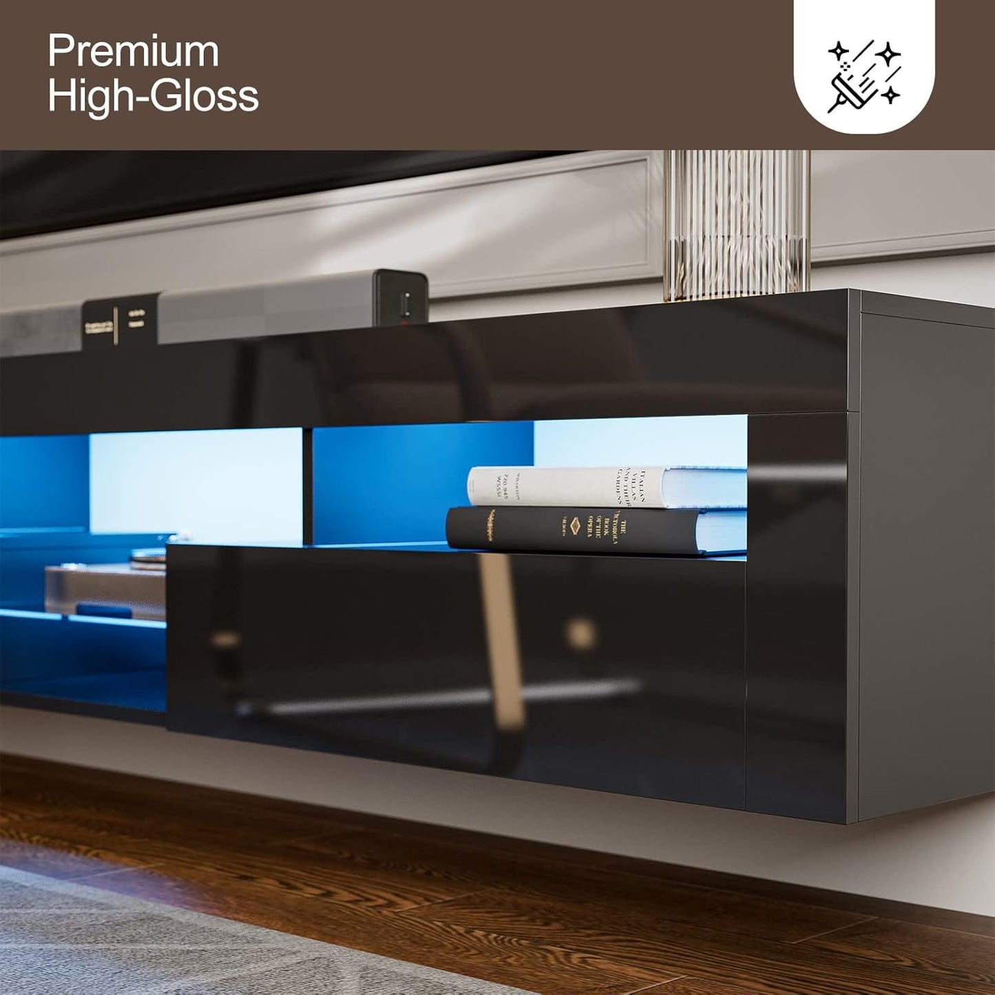 ARICOEASY Modern Wall Mounted TV Stand with LED Lights, Floating Entertainment Center for up to 85 Inch TV, High Gloss White Media Console with Storage & 2 Drawers