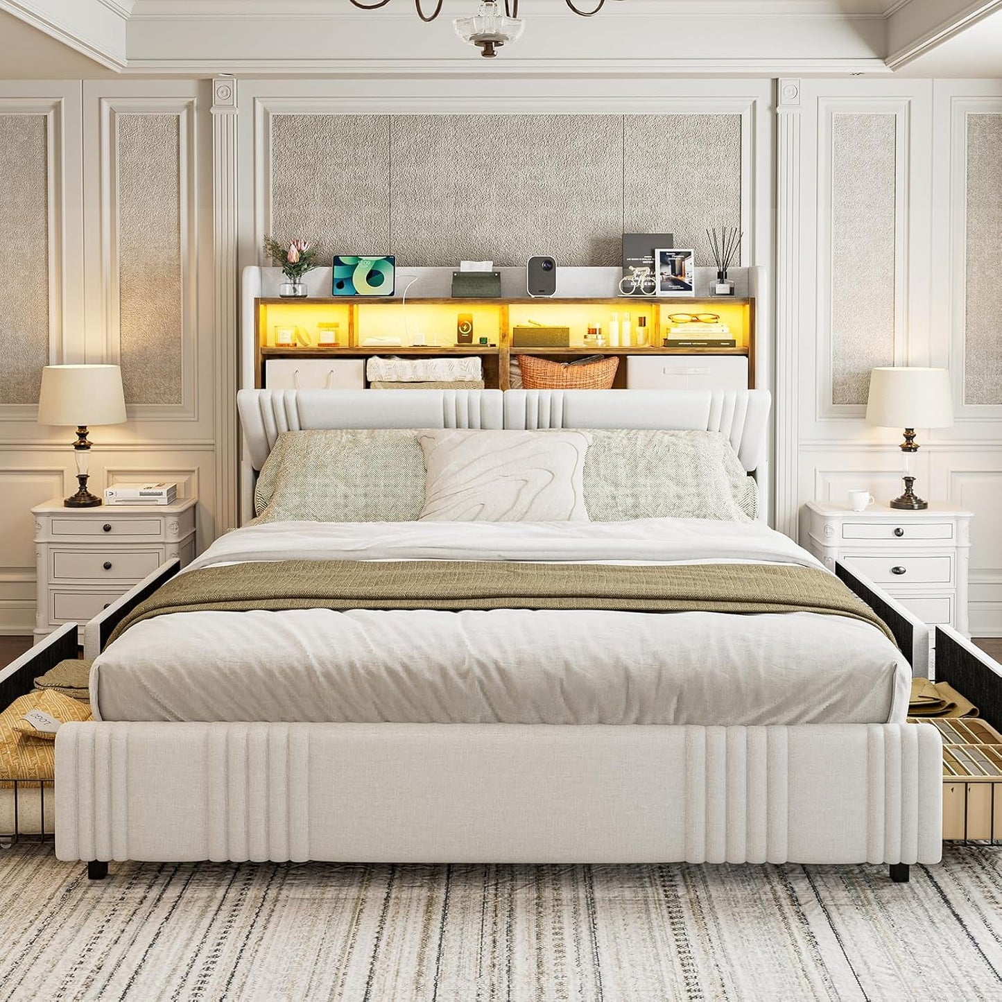 ARICOEASY King Bed Frame with Storage Headboard & 4 Drawers, Upholstered Wingback Platform Bed with LED Lights & Charging Station, 49” Tall Headboard, No Box Spring Needed, Noise-Free