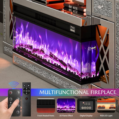 ARICOEASY Mirrored TV Stand with Fireplace for 65+ inch TV, Mirrored Fireplace TV Stand with LED Light, Silver Electric Fireplace with Crushed Diamond for Living Room