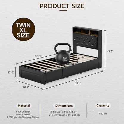Twin XL Bed Frames with Hidden Storage Headboard & 3 Drawers & LED Lights & Charging Station