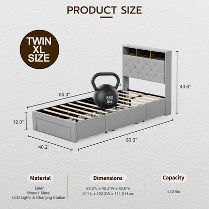 Twin XL Bed Frames with Hidden Storage Headboard & 3 Drawers & LED Lights & Charging Station