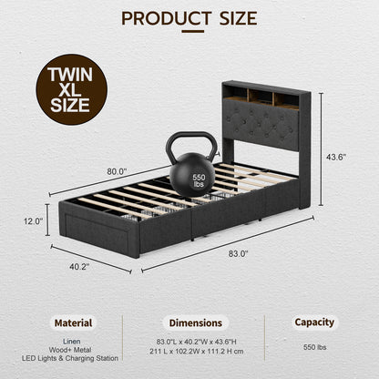 Twin XL Bed Frames with Hidden Storage Headboard & 3 Drawers & LED Lights & Charging Station