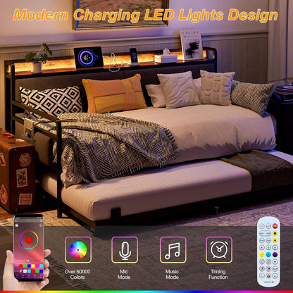 Daybed with Trundle and Storage Headboard, Upholstered Sofa Bed Frame with LED Lights & Charging Station