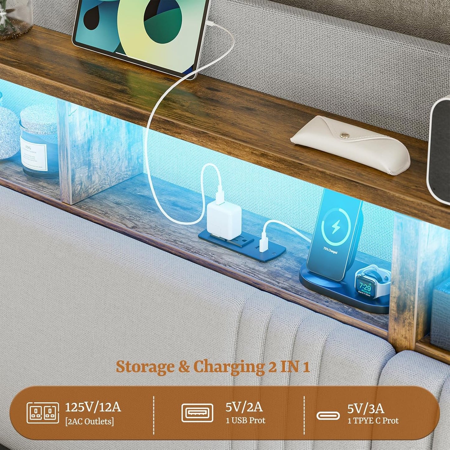 ARICOEASY Twin XL Upholstered Bed Frame with Storage Headboard & 4 Drawers, 49.2” Tall Wingback Platform Bed with RGB LED Lights & Charging Station, No Box Spring Needed, Noise-Free