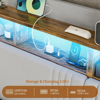 ARICOEASY Twin XL Upholstered Bed Frame with Storage Headboard & 4 Drawers, 49.2” Tall Wingback Platform Bed with RGB LED Lights & Charging Station, No Box Spring Needed, Noise-Free