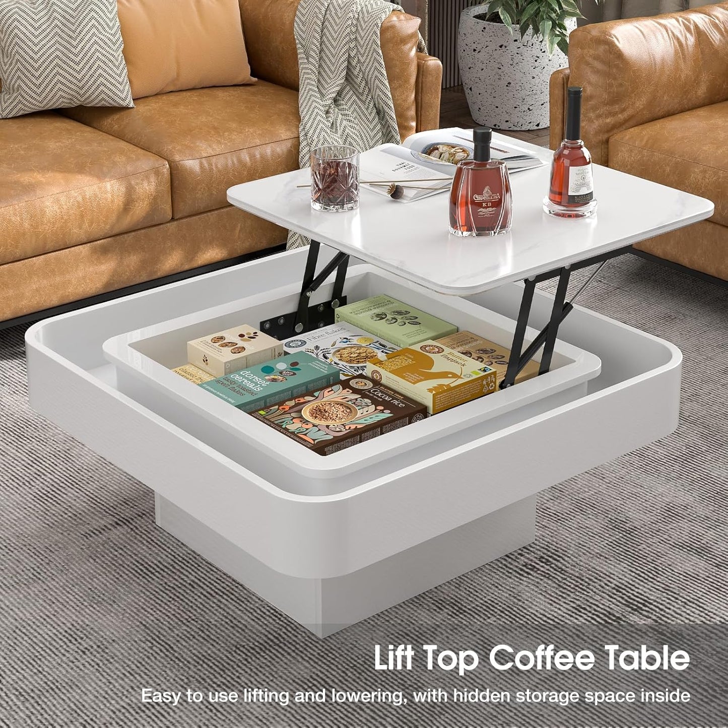 Lift Top Coffee Table, Slate Desktop Square Coffee Table with 16 Colors LED Lights