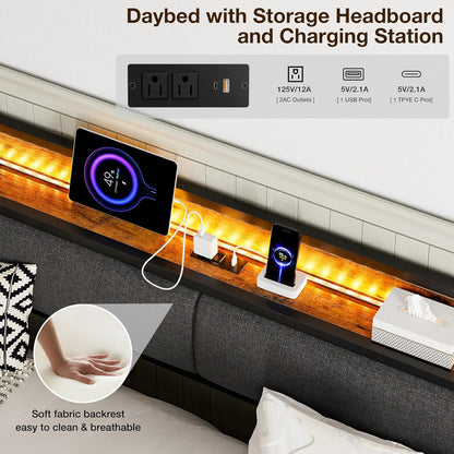 Daybed with Trundle and Storage Headboard, Upholstered Sofa Bed Frame with LED Lights & Charging Station