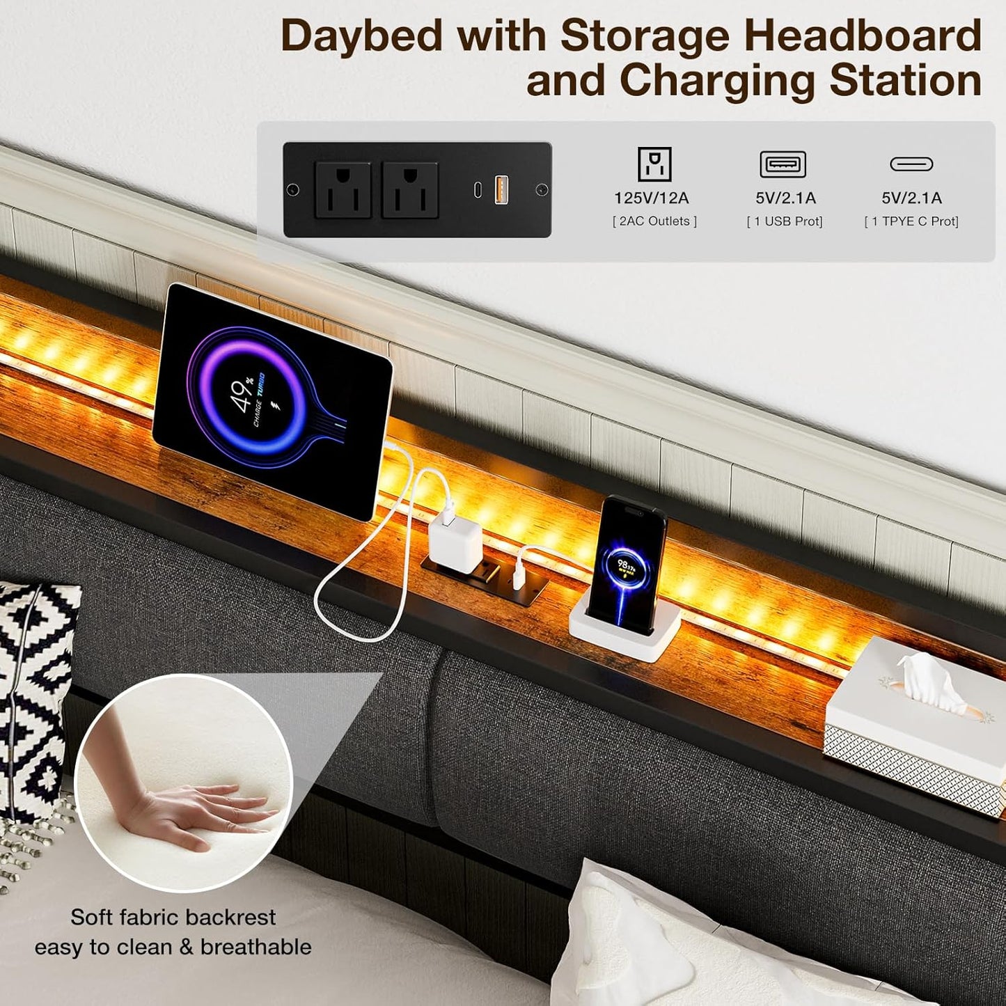 Daybed with Trundle and Storage Headboard, Upholstered Sofa Bed Frame with LED Lights & Charging Station