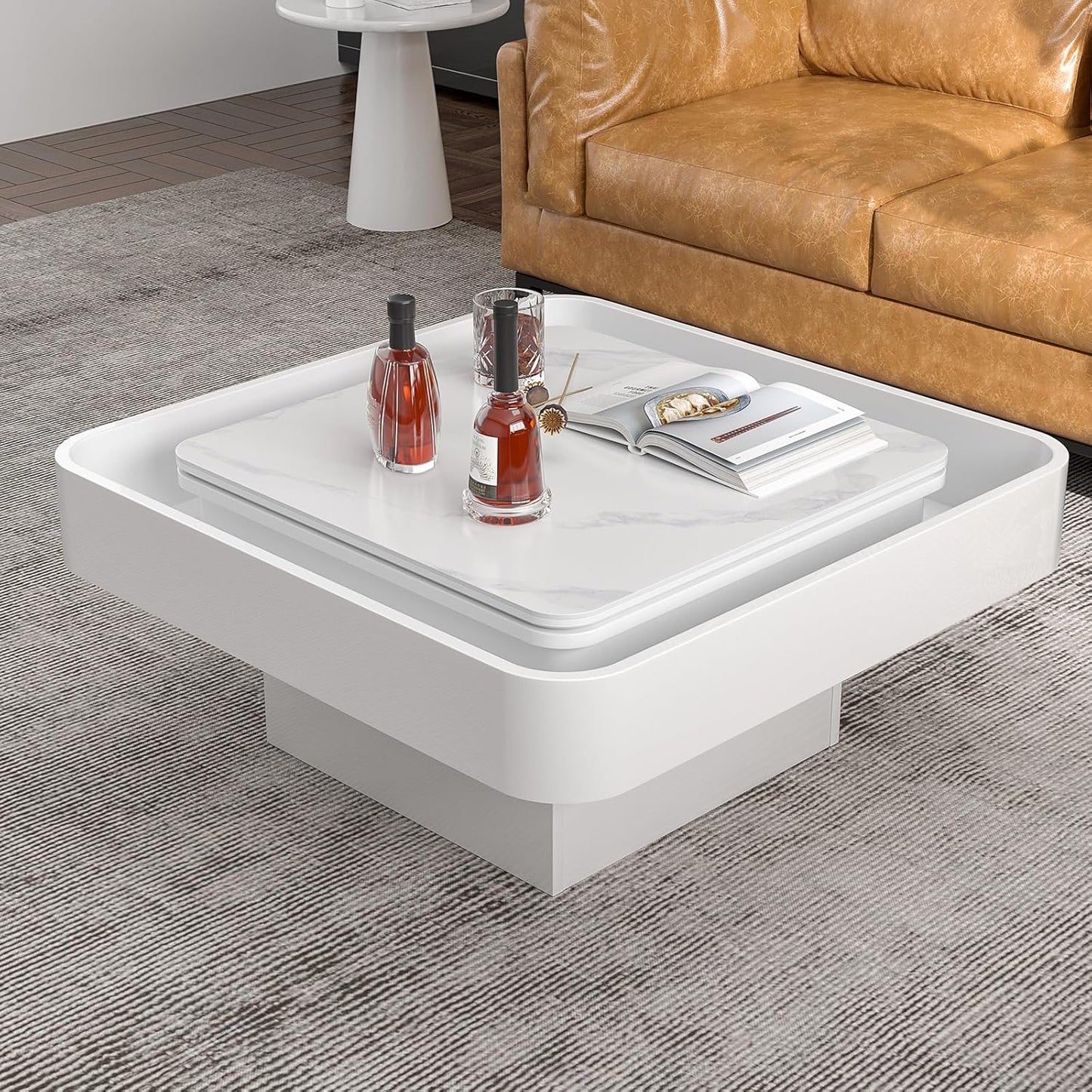 Lift Top Coffee Table, Slate Desktop Square Coffee Table with 16 Colors LED Lights