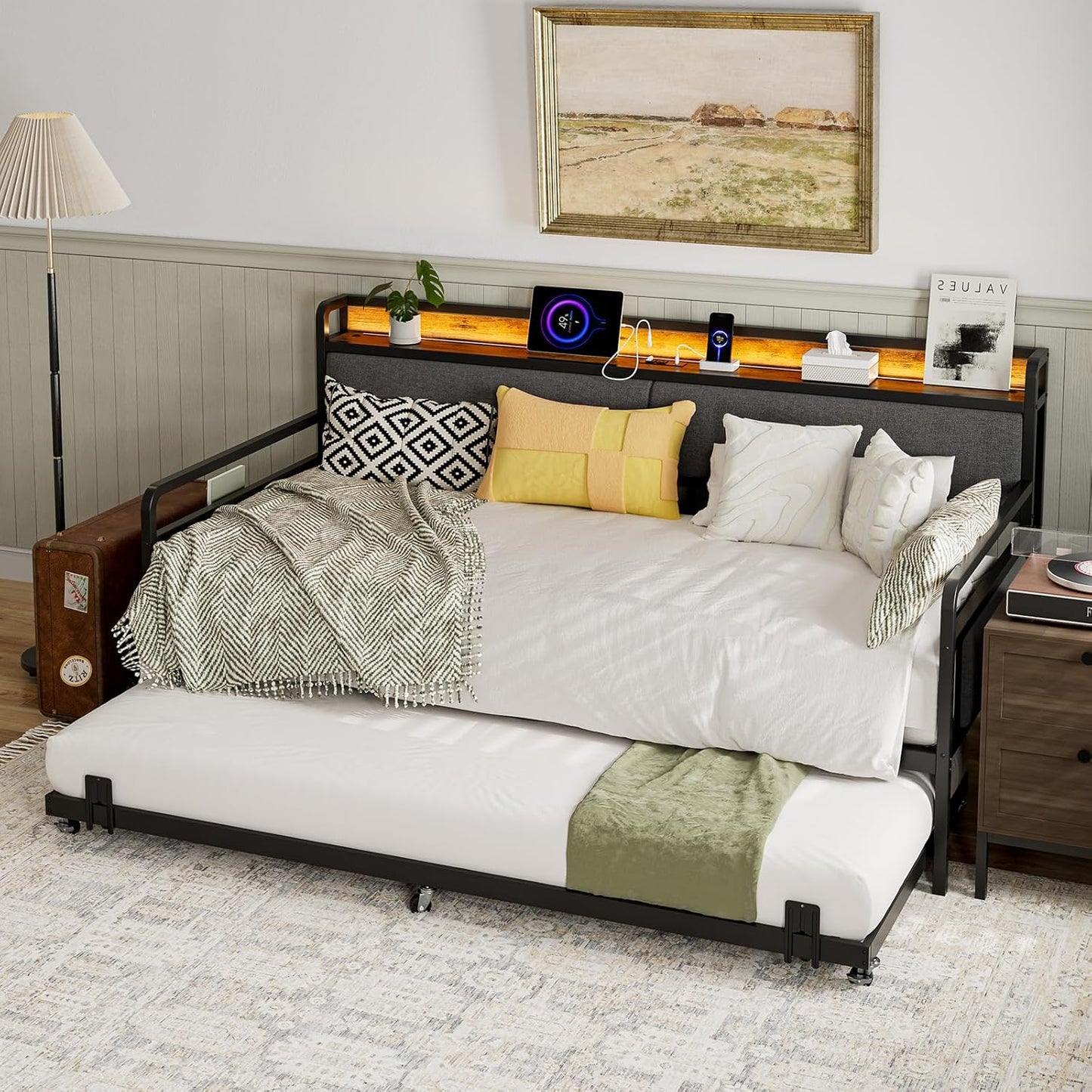 Daybed with Trundle and Storage Headboard, Upholstered Sofa Bed Frame with LED Lights & Charging Station