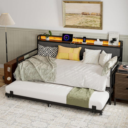 Daybed with Trundle and Storage Headboard, Upholstered Sofa Bed Frame with LED Lights & Charging Station