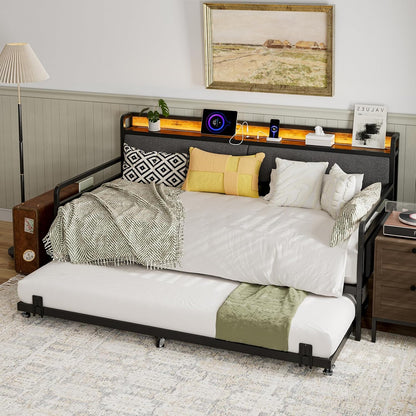 Daybed with Trundle and Storage Headboard, Upholstered Sofa Bed Frame with LED Lights & Charging Station