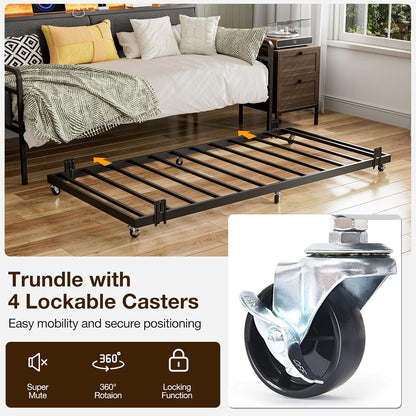 Daybed with Trundle and Storage Headboard, Upholstered Sofa Bed Frame with LED Lights & Charging Station