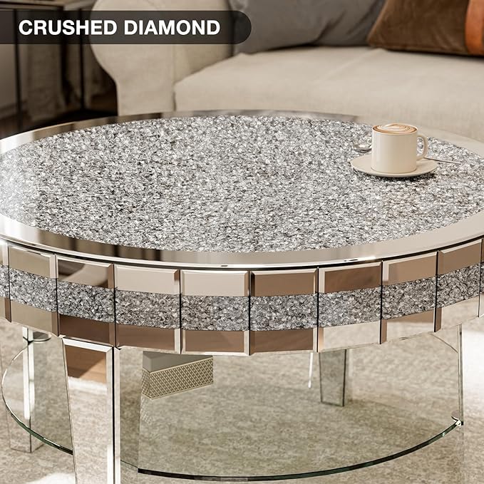 31.5 Inches Round Mirrored Coffee Table 2-Tier with Crushed Diamond