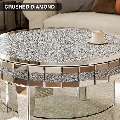 31.5 Inches Round Mirrored Coffee Table 2-Tier with Crushed Diamond
