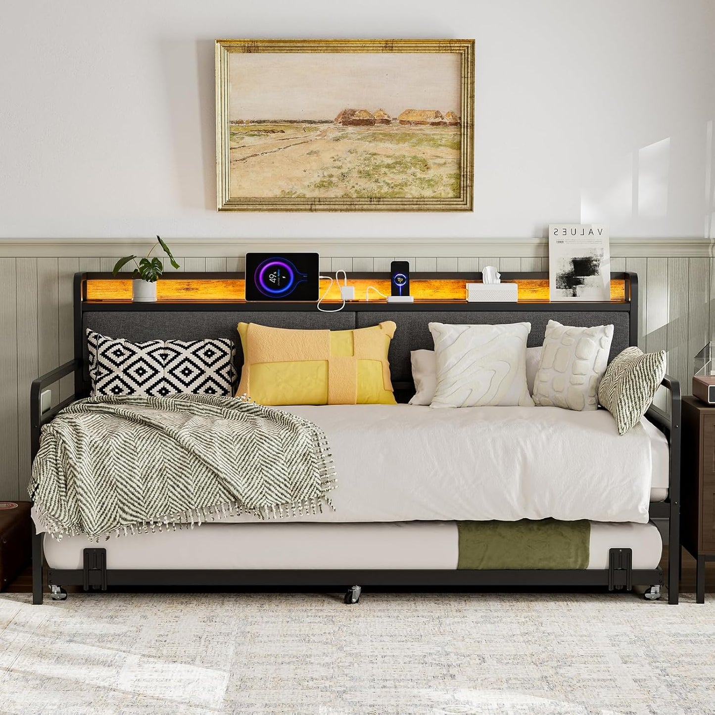 Daybed with Trundle and Storage Headboard, Upholstered Sofa Bed Frame with LED Lights & Charging Station