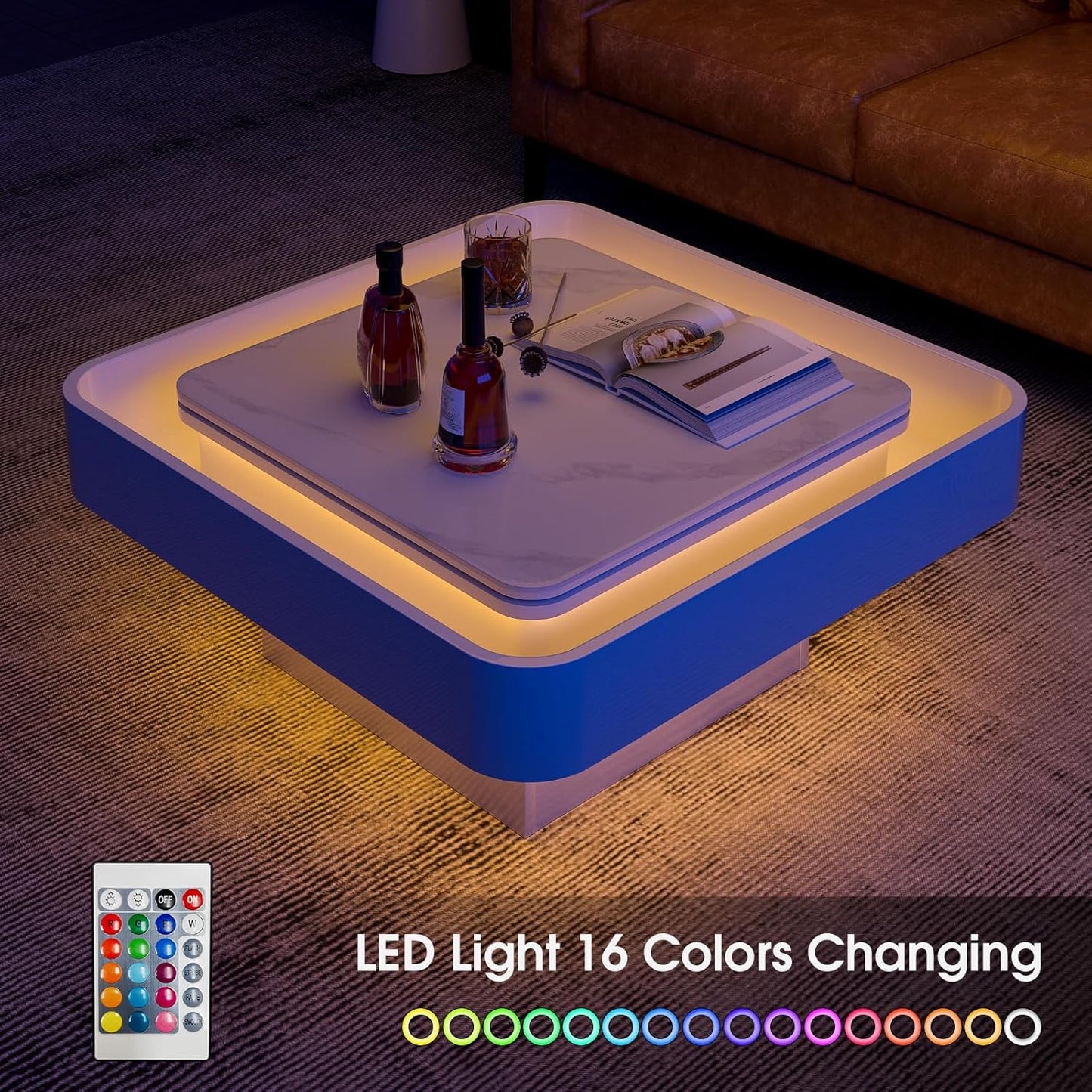 Lift Top Coffee Table, Slate Desktop Square Coffee Table with 16 Colors LED Lights