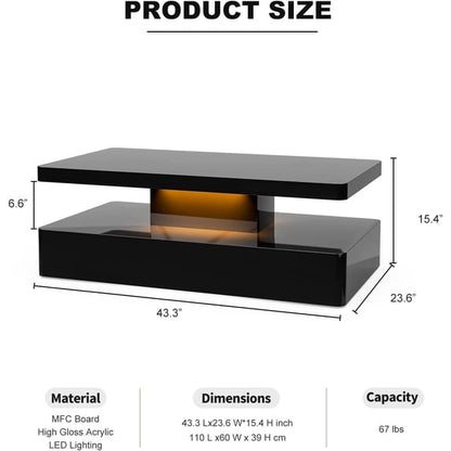 ARICOEASY LED High Glossy Coffee Table, Modern Coffee Table for Living Room with 16 Colors LED Lights