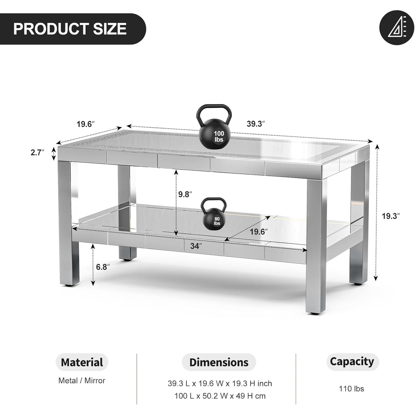 ARICOEASY Mirrored Coffee Table with RGB LED Lights and Crushed Diamond Finish, Modern 2 Tier Rectangle Cocktail Table with Stainless Steel Legs