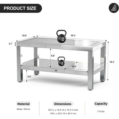 ARICOEASY Mirrored Coffee Table with RGB LED Lights and Crushed Diamond Finish, Modern 2 Tier Rectangle Cocktail Table with Stainless Steel Legs