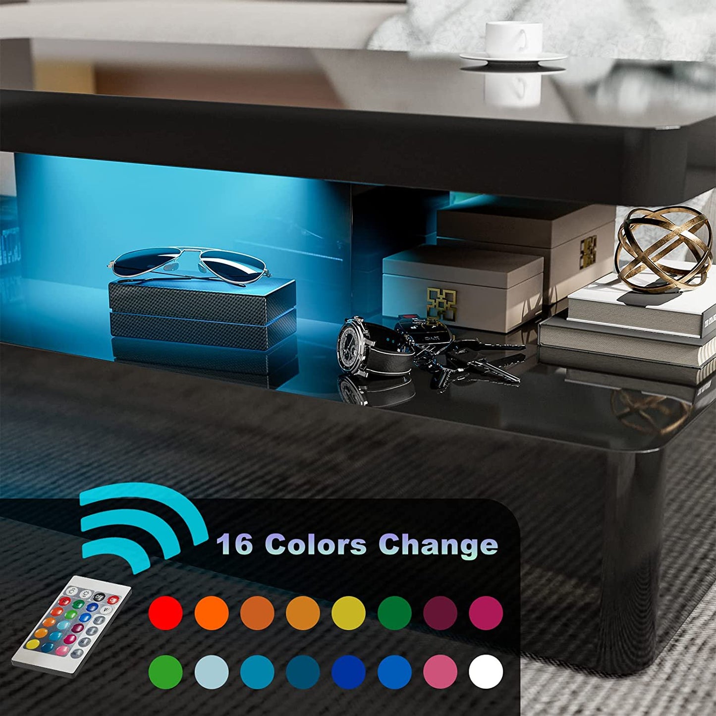 ARICOEASY LED Floating TV Stand with Electric Fireplace and LED Coffee Table for Living Room Furniture Sets, Modern Living Room Furniture Set 2-Piece, Black