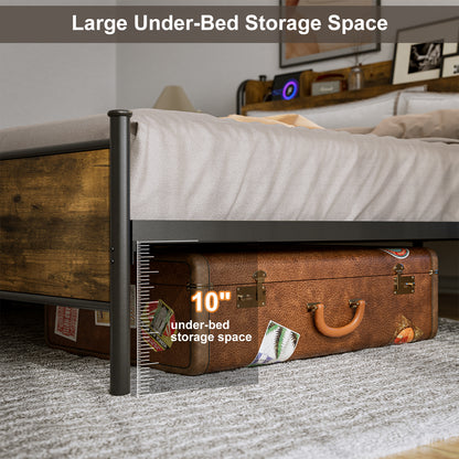 LED Bed Frame with Storage Shelf Headboard & Charging Station with Strong Steel Slats No Box Spring